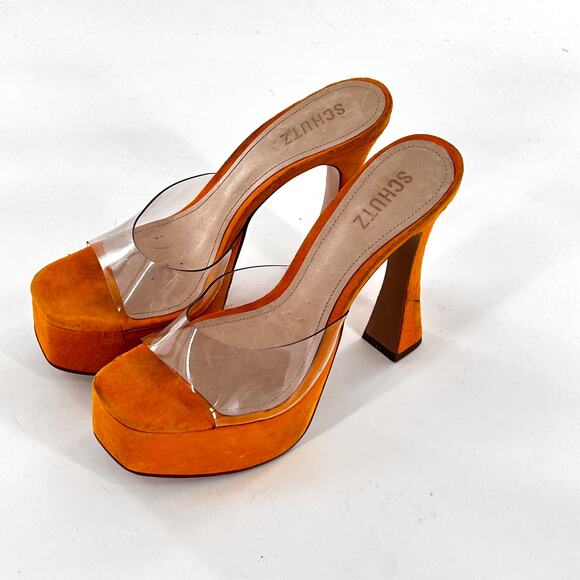 Schutz Haila Vinyl Suede Platform Sandals 10 Yellow Bright Sun Heels Womens - Picture 7 of 8